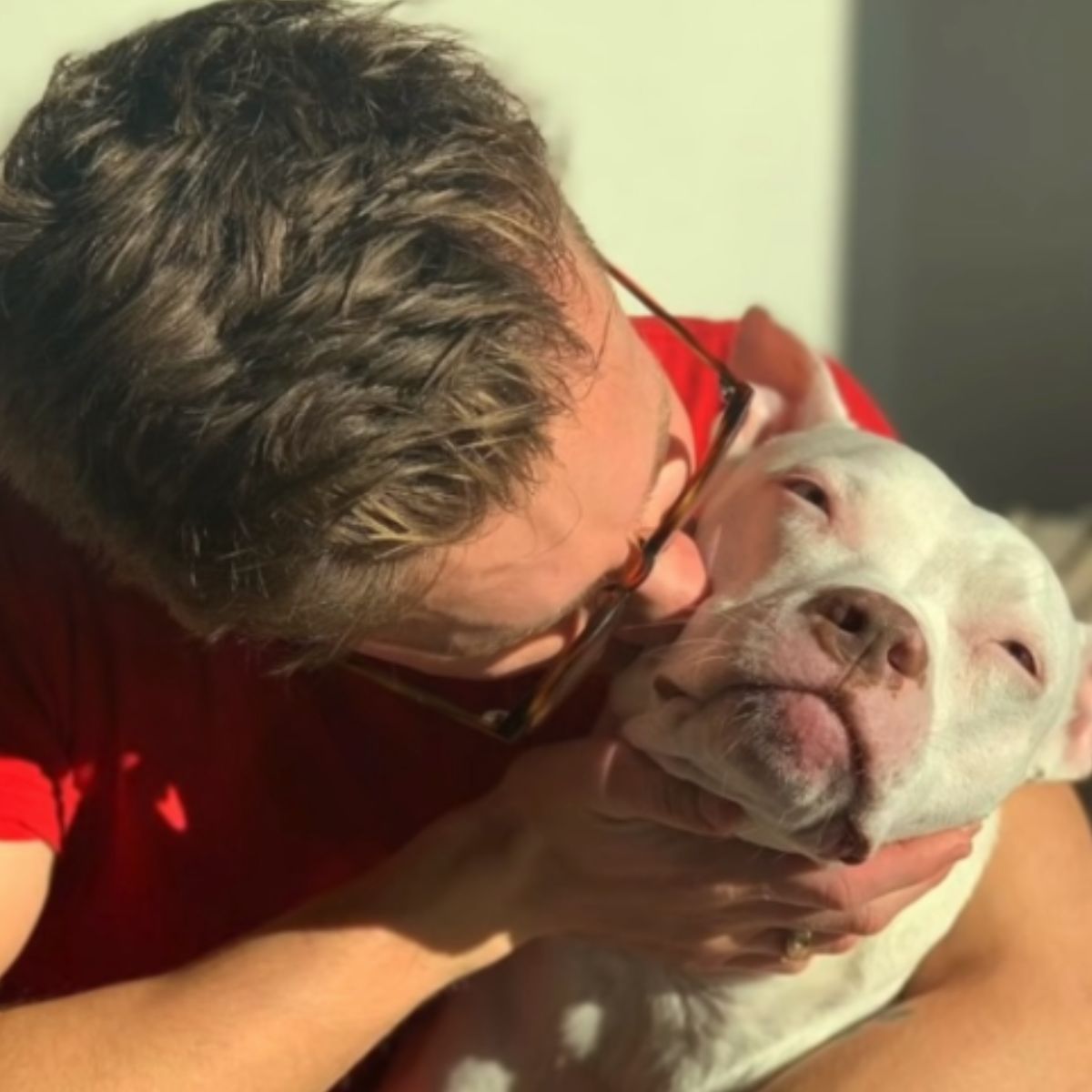 Cariño entre humano y perra sorda